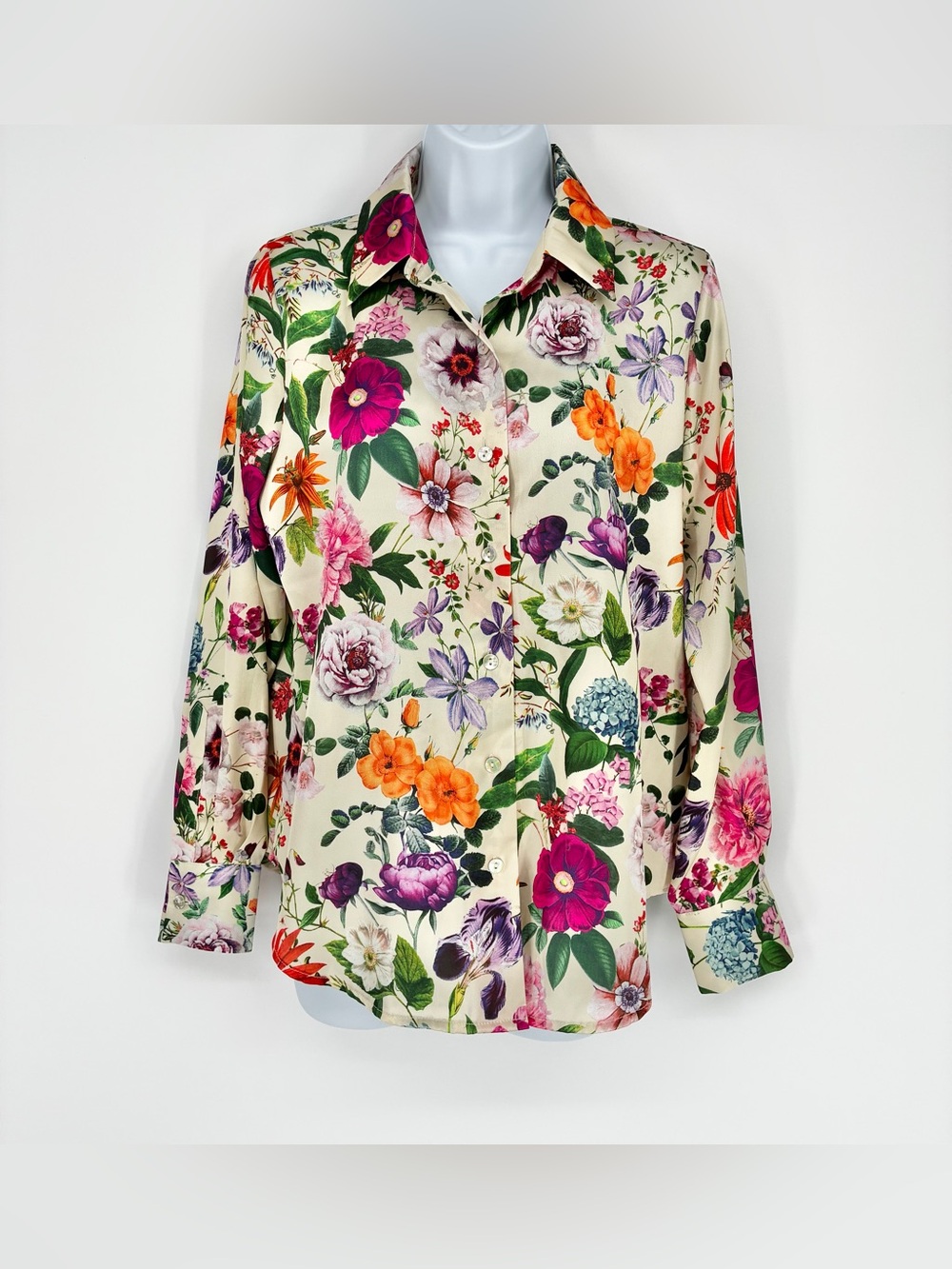 Industry Republic Clothing Cream Bright Floral Satin Button Down Blouse Size S